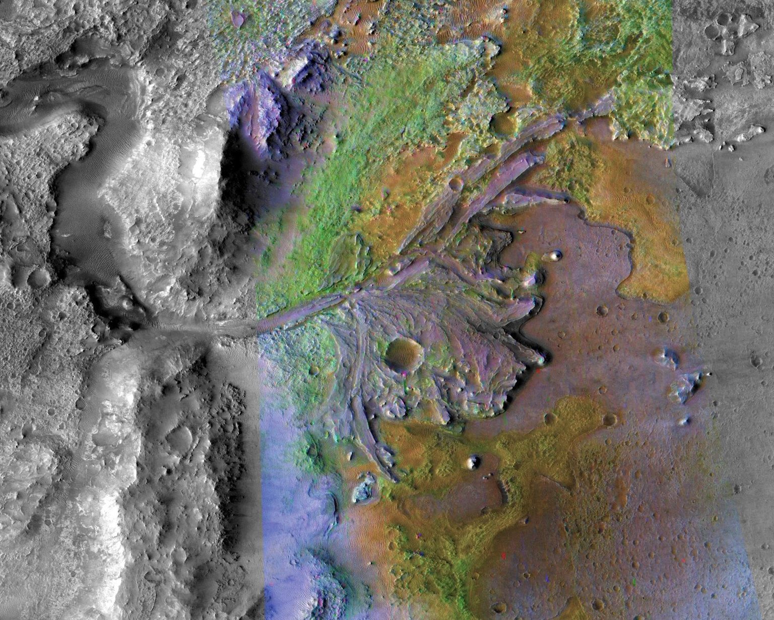 Rozvětvená delta v kráteru Jezero na orbitálním snímku s barevnou mineralogickou vrstvou