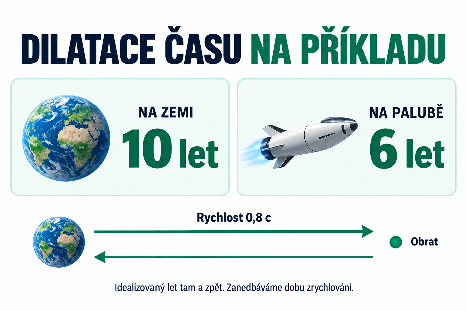 Schéma letu tam a zpět rychlostí 0,8 c: deset let na Zemi a šest let na palubě.