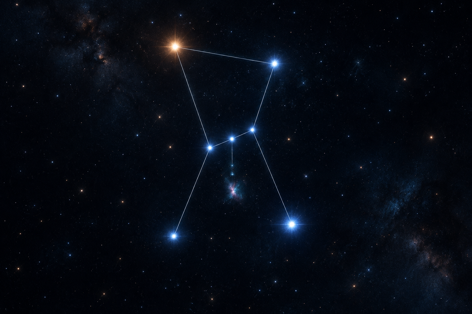 Ilustrační obrazec Orionu s propojenými hvězdami a teplým světlem Betelgeuze