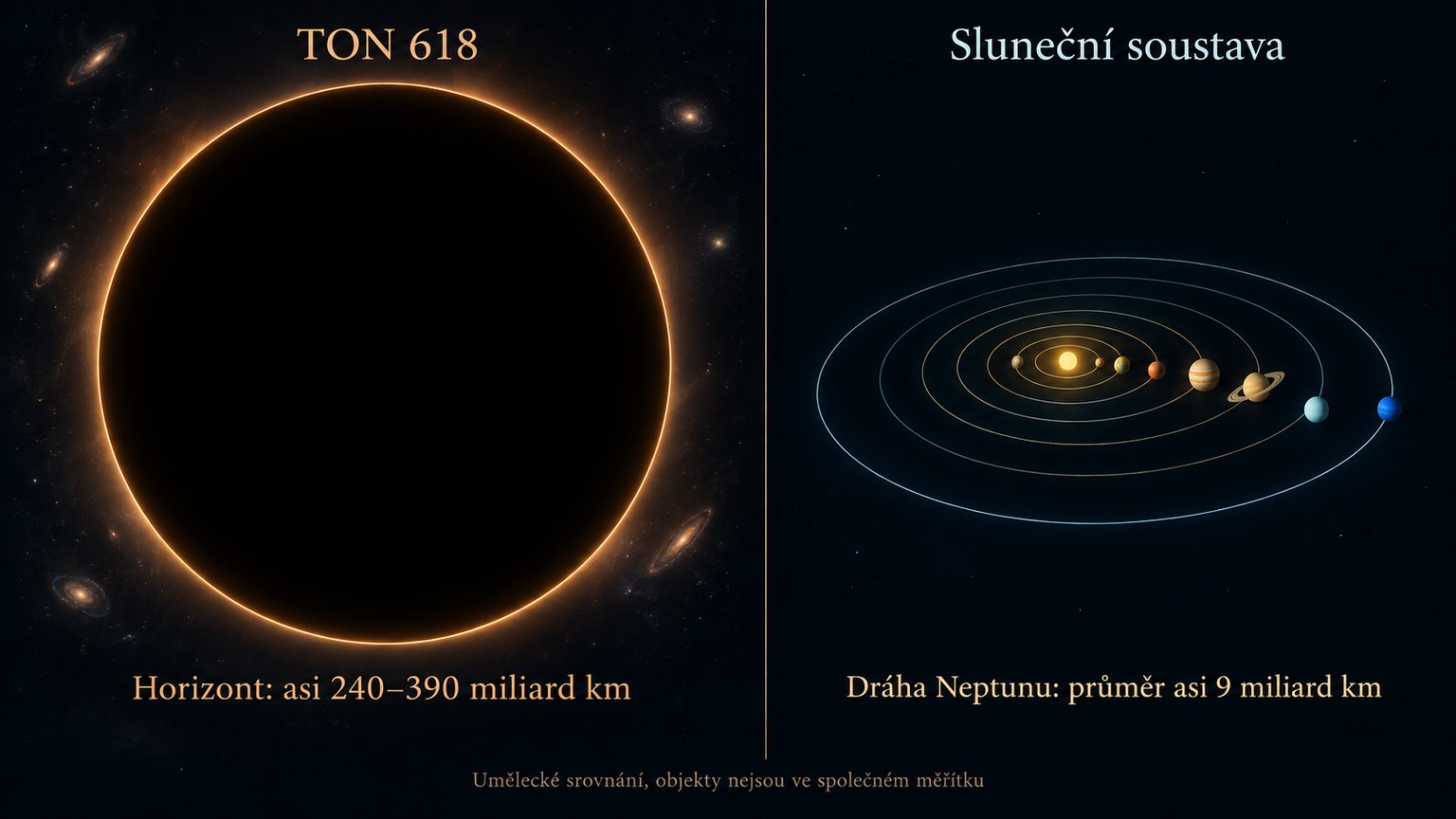 Ilustrační srovnání modelového horizontu TON 618 a planetárních drah, objekty nejsou ve společném měřítku.