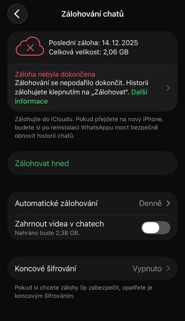 WhatsApp na iPhonu hlásí nedokončenou zálohu i při denním automatickém zálohování