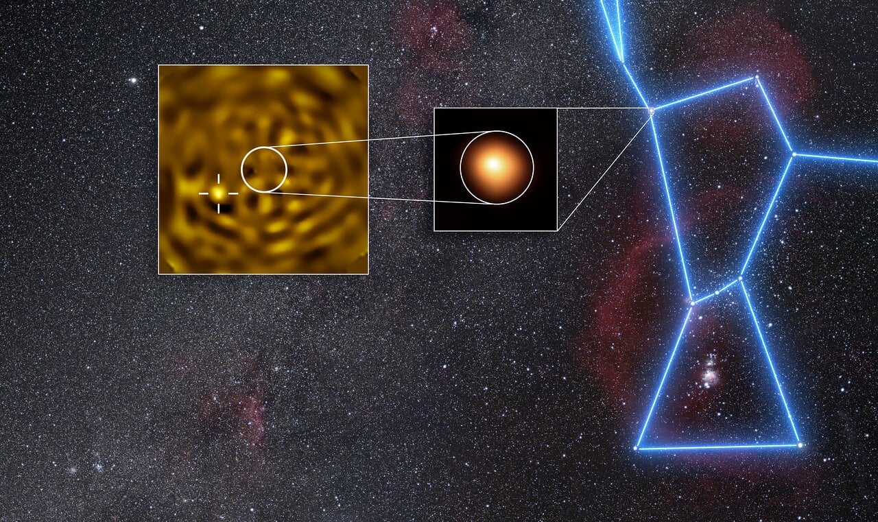 Orion s detailem Betelgeuze a zpracovaným snímkem jejího pravděpodobného průvodce