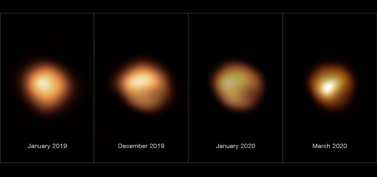 Čtyři snímky Betelgeuze před velkým ztmavnutím a během něj