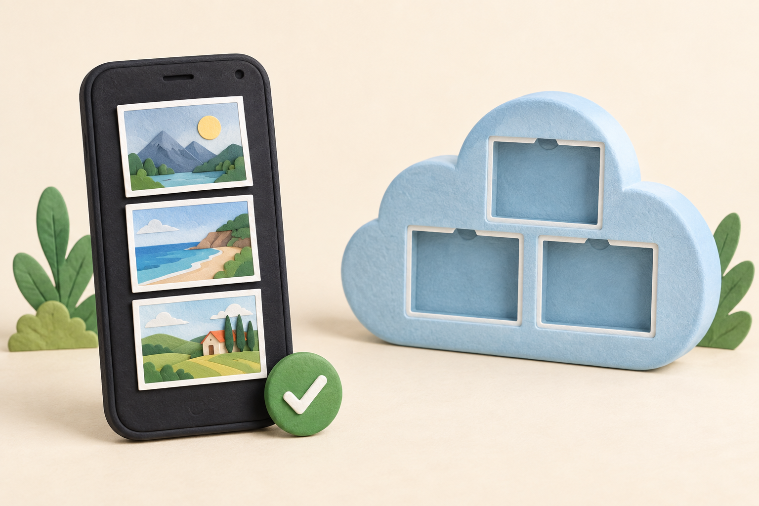 Ilustrace telefonu se zachovanými fotografiemi vedle prázdného cloudového úložiště