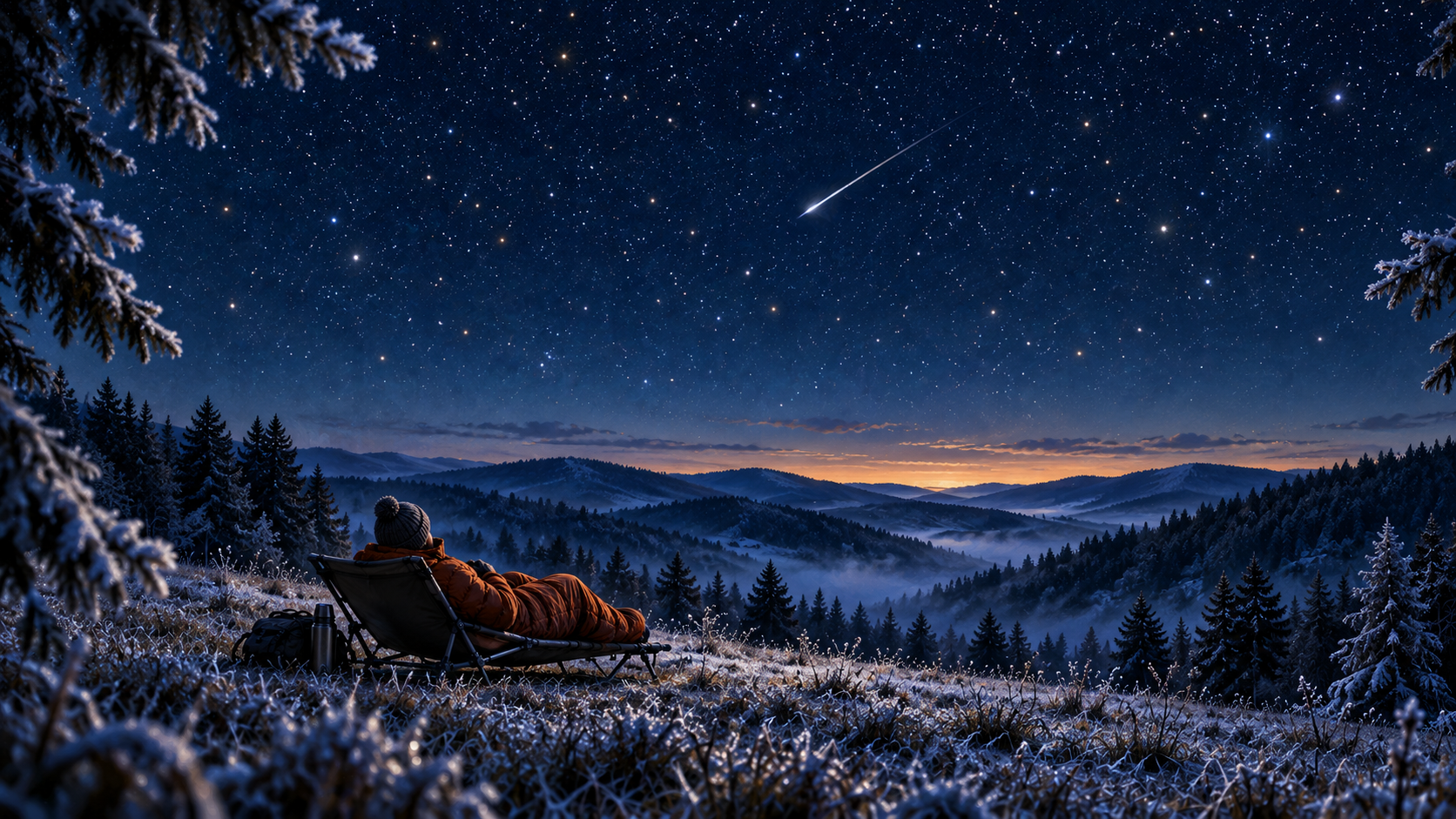 Pozorovatel na lehátku pod zimní oblohou s jedinou meteorickou stopou. AI ilustrace.