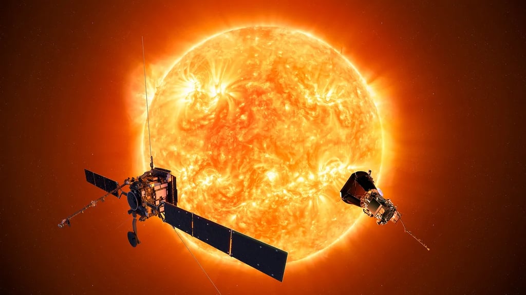 The Sun with two spacecraft floating in front of it