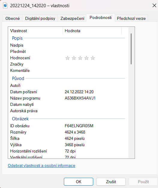 Vlastnosti fotografie ve Windows s datem pořízení 24. 12. 2022 ve 14:20.