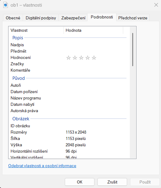 Vlastnosti obrázku ve Windows s prázdným polem Datum pořízení.
