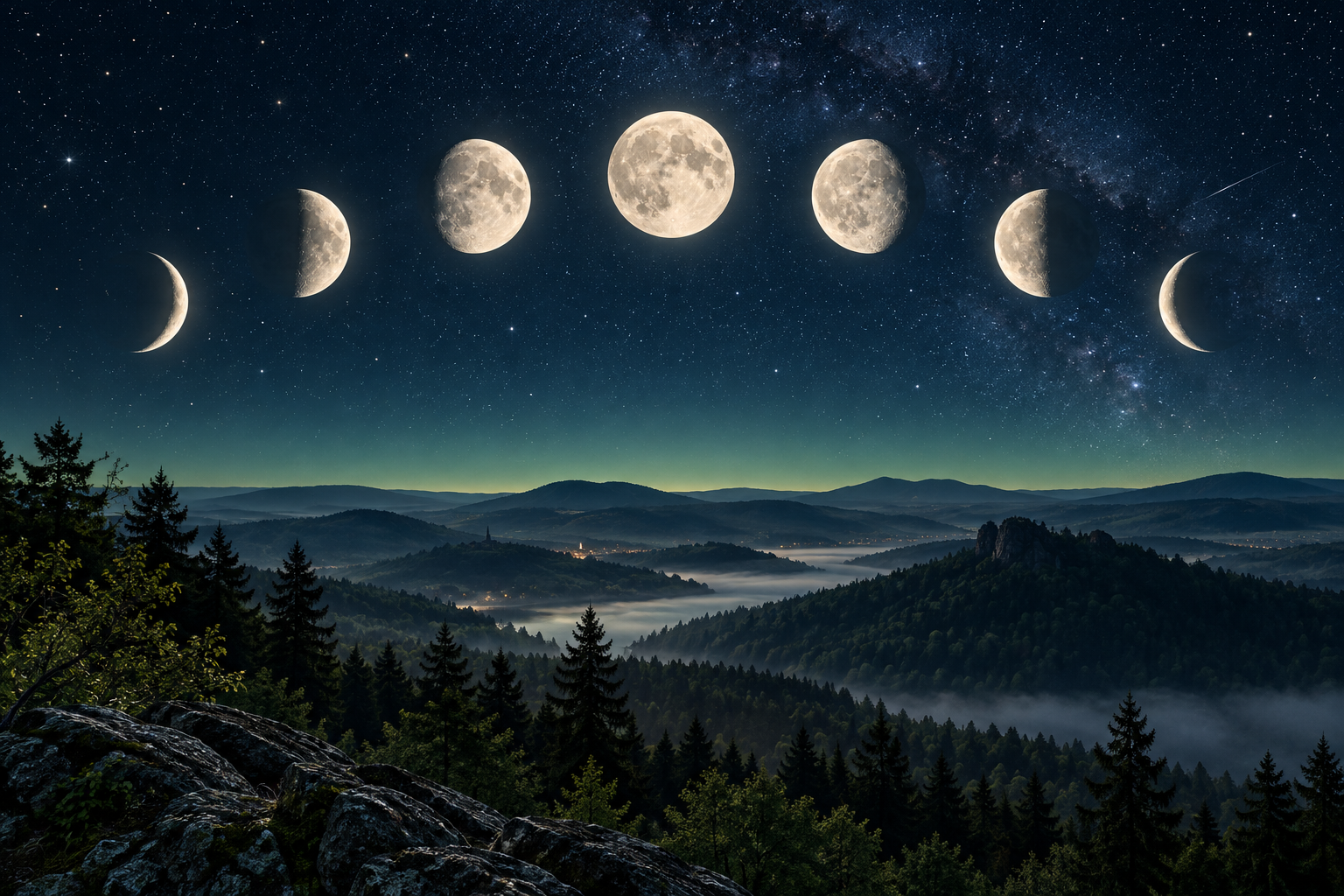 Řada fází Měsíce nad noční zalesněnou krajinou. AI ilustrace, nikoli snímek.