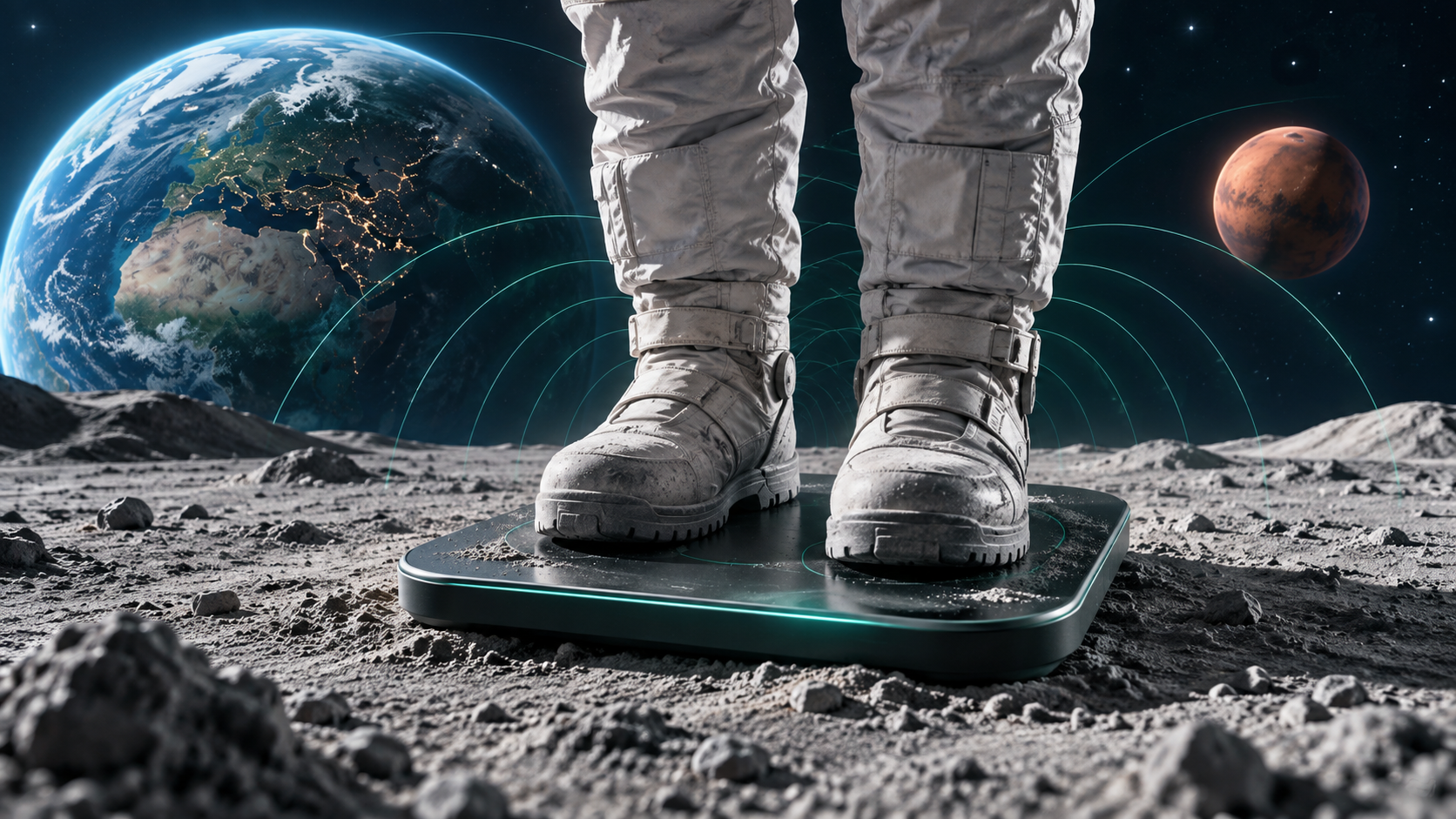 Astronaut stojí na váze na povrchu Měsíce, v pozadí jsou Země a Mars.