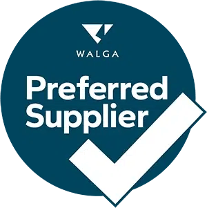 Logo with the text WALGA Preferred Supplier on a blue background, featuring a large white tick, the WALGA logo above the words, and suitable for use in your Default Footer.