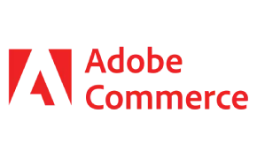 Red Adobe logo next to the words Adobe Commerce in bold red text on a transparent background.