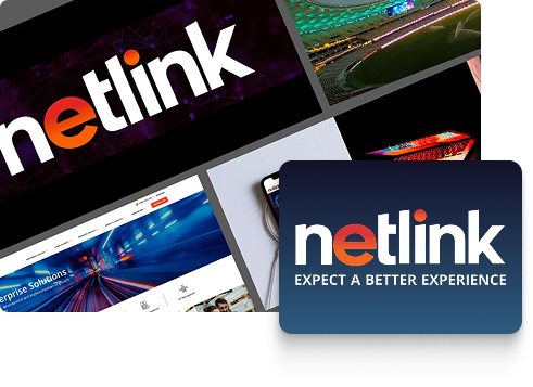 A collage featuring the Netlink logo in bold text on various backgrounds, showcasing strong branding and one image with the slogan EXPECT A BETTER EXPERIENCE below the logo—ideal for LinkedIn or Paid Ads campaigns.