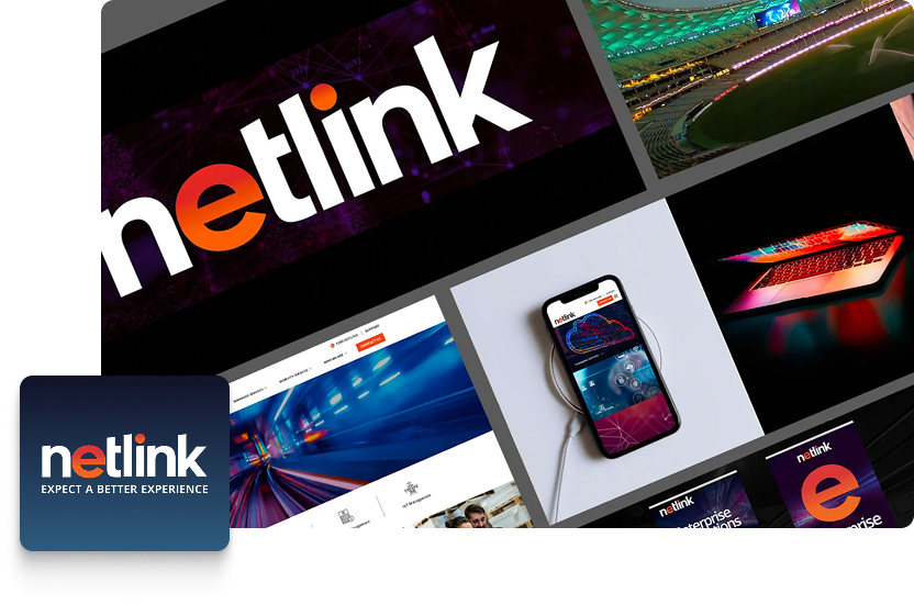 A collage of digital images featuring netlink branding, including a close-up of the logo, a stadium, LinkedIn interface, a laptop with colourful lights, website designs, and the netlink slogan: EXPECT A BETTER EXPERIENCE.