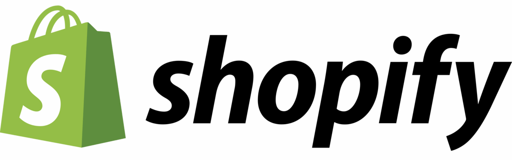 Shopify logo with a green shopping bag icon featuring a white S on the left, and the word shopify in bold black letters to the right.