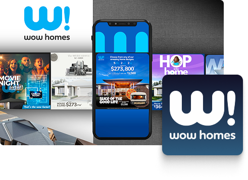A collage featuring the Wow Homes logo, an app interface on a mobile phone, and various promotional images showcasing home designs, property prices, SEO highlights, and lifestyle themes.