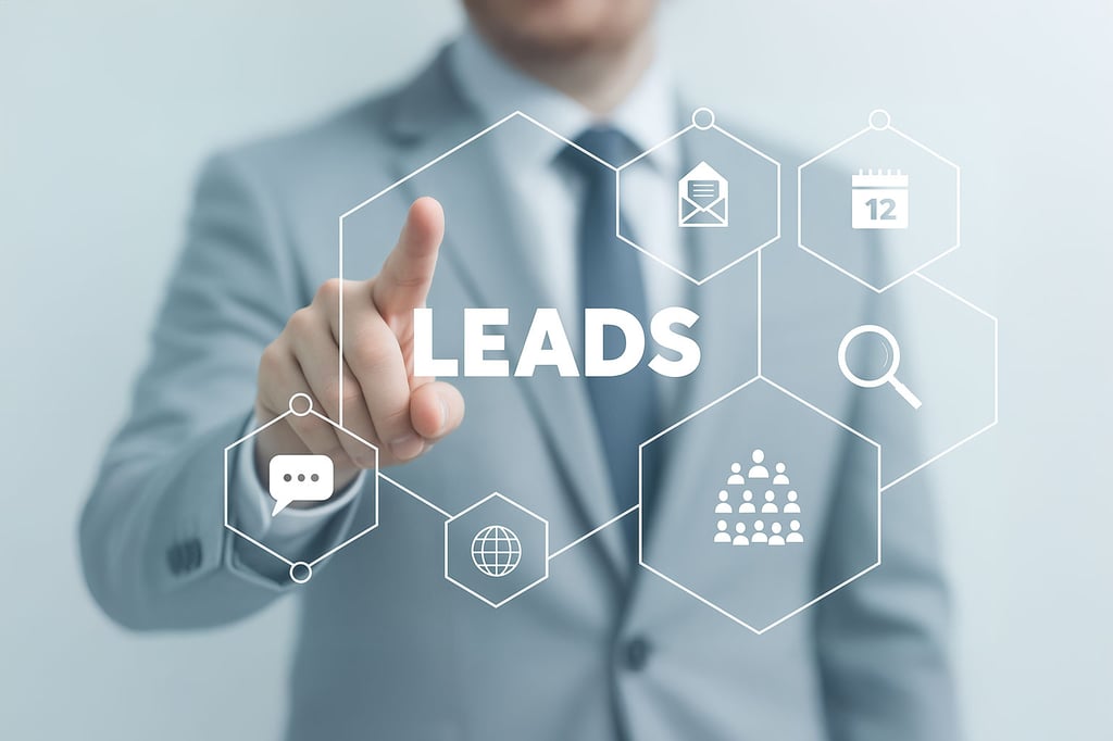 A person in a suit points to a transparent screen displaying LEADS and business icons, highlighting Lead Generation and Marketing with symbols such as a chat bubble, calendar, magnifying glass, globe, and group of people.
