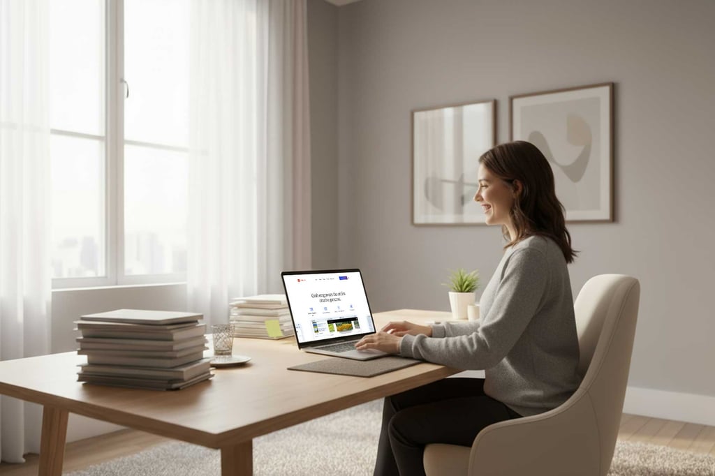A woman sits at a wooden desk using a laptop in a bright, modern home office with large windows, stacked books, a plant, and abstract art on the wall—perfect for focusing on Craft CMS Development projects.