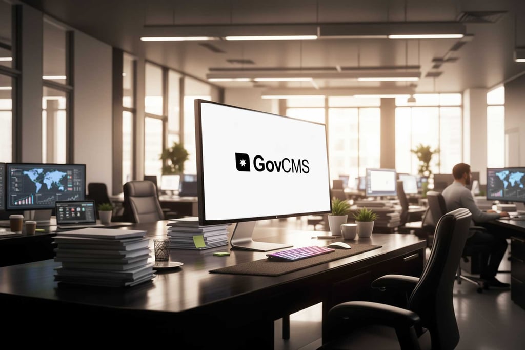 A modern office with several desks, computer monitors, and people working. The central monitor displays the GovCMS Development logo, and there are stacks of paperwork and office supplies on the desk.