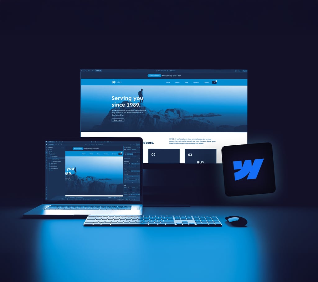 A computer monitor and laptop display a blue-themed website design interface. A white keyboard, mouse, and the Webflow logo hint at Webflow Development, all set against a dark blue background.