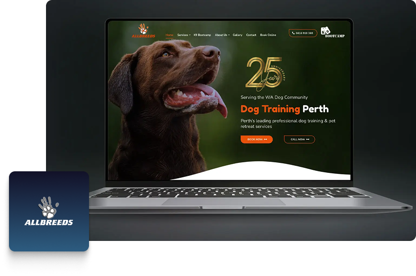 A laptop displays a website for Allbreeds dog training in Perth, featuring a happy brown dog, the company logo, and a “25 years” anniversary badge. The site promotes dog training services alongside Google Ads for Housekeeping WA.