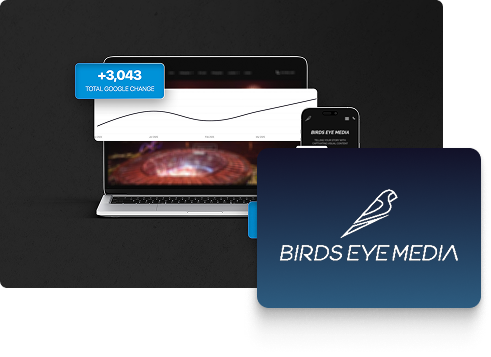 A laptop displaying a graph with +3,043 Total Google Change; in front, a dark blue card shows a white bird logo and the words Birds Eye Media—highlighting their expertise in SEO and PPC.