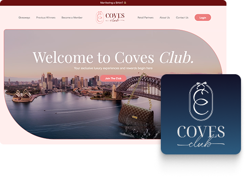 A website homepage for Coves Club displays a city skyline with the Sydney Opera House and Harbour Bridge, a luxury handbag, and the text “Welcome to Coves Club.” The logo appears in the corner, showcasing WA elegance for those seeking premium housekeeping services.