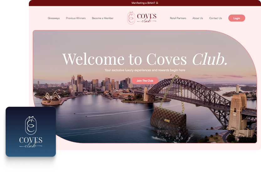 A website homepage for Coves Club features a city skyline, waterfront, and iconic bridge at sunset, with the text Welcome to Coves Club and a pink Join The Club button. The top left displays the Coves Club logo and a discreet PPC advert banner.