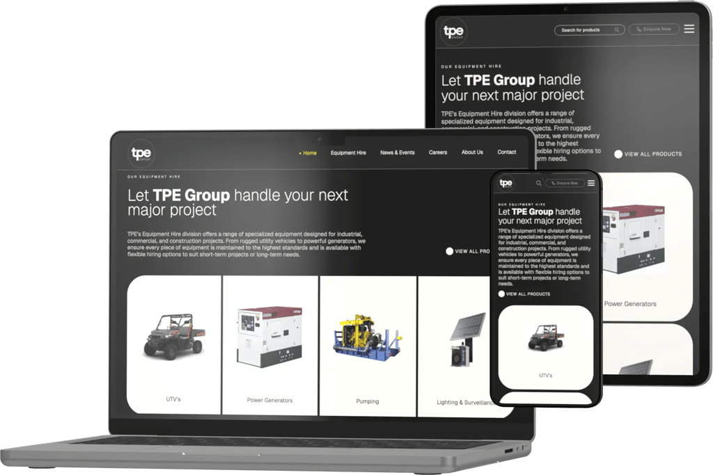 A laptop, tablet, and mobile phone display the TPE Group website homepage, featuring equipment images and the text “Let TPE Group handle your next major project.”.