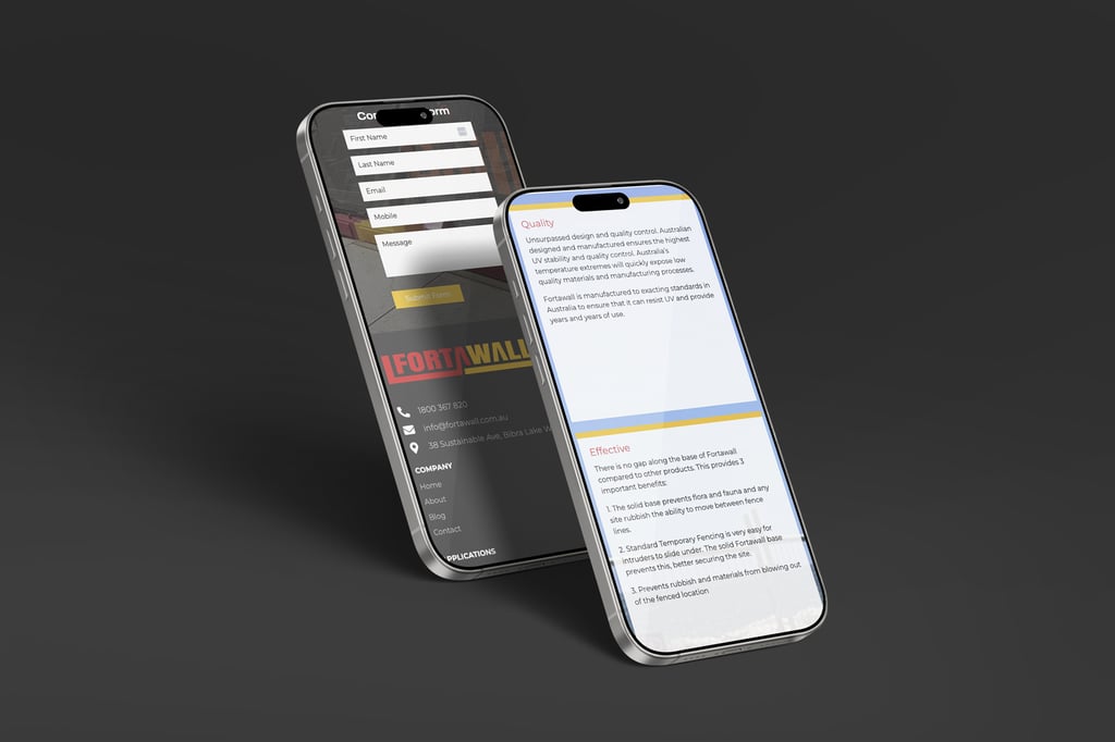 Two modern mobile phones on a dark background; one displays a contact form with input fields, the other shows a webpage with text sections titled Quality and Effective.
