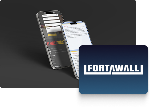 Two smartphones display the Fortawall app with log-in and text screens. In the foreground, a blue Fortawall logo appears on a rectangular card. The dark, minimalist background highlights a modern web development focus and seamless user experience.
