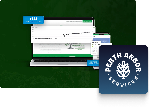 A laptop displays a graph with rising stats and a mobile showing data, both symbolising business growth. A badge in the corner reads Arbor Services Perth with a white leaf logo on a dark blue background.