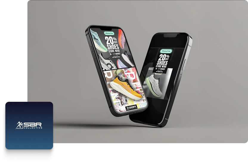 Two mobile phones display shoe adverts with colourful trainers and bold text offering 20% off shoes sitewide. The grey background and SBR Collective logo in a blue square evoke smart PPC or Meta Ads strategies for impactful promotions.