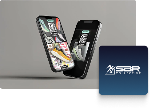 Two mobile phones display a trainer sale advert offering 20% off, featuring colourful trainers. Next to them is a blue square logo with the text SBR Collective and a minimalist mountain graphic, highlighting the power of Meta Ads for boosting sales.