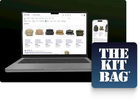 A laptop and smartphone display Google Ads search results for tactical bags and clothing. In the foreground, there is a dark blue square logo with the text “THE KIT BAG” in bold white letters.