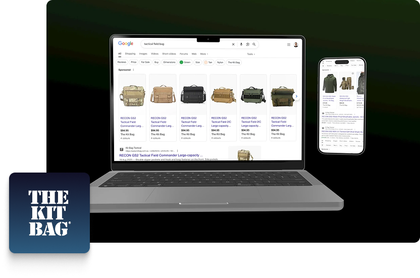 A laptop and a smartphone display Google Ads search results for tactical gear and bags. In the lower left corner, there is a blue square with the white text THE KIT BAG.
