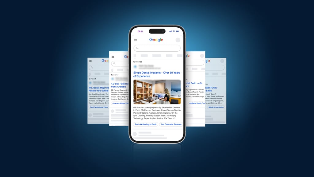 A smartphone displaying a Google search result for Perth City Dental dental implants, with blurred desktop web pages in the background, all on a blue gradient backdrop.
