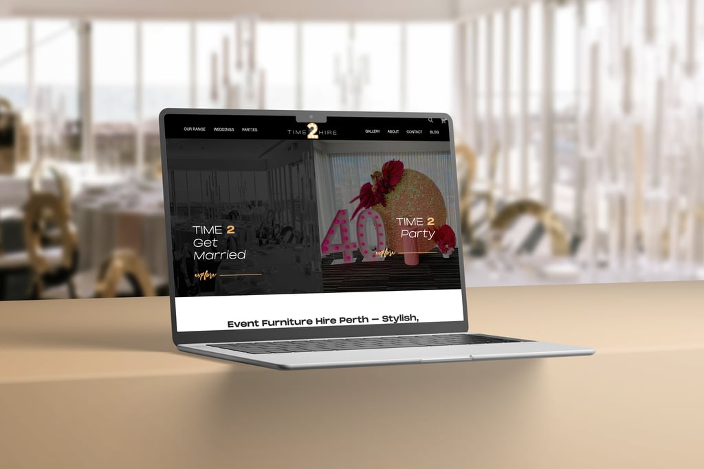 A laptop on a beige surface displays the Time 2 Hire website, featuring event furniture hire services. The blurred background shows a modern, light-filled event space with tables and chairs.