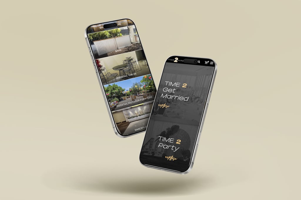 Two mobile phones floating against a beige background. One screen shows a wedding or event venue app menu with photos of locations, the other displays text: TIME 2 Get Married and TIME 2 Party in white and gold letters.
