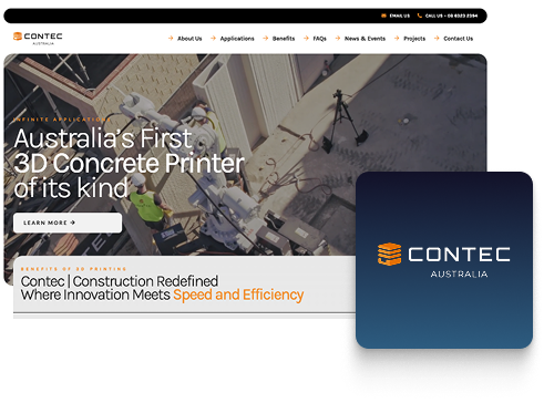 Screenshot of Contec Australia’s website featuring a banner about Australia’s first 3D concrete printer. The site menu and blue “Contec Australia” logo appear on the right, showcasing expert Web Design with attention to detail.