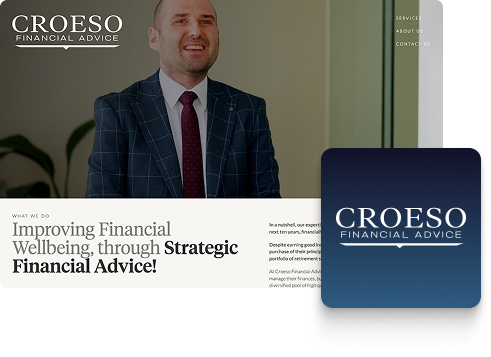 A smiling man in a checked suit jacket stands next to the CROESO Financial Advice logo. Below, bold text reads: Improving Financial Wellbeing, through Strategic Financial Advice! on a clean, modern web design layout. Get your financial quotation now.