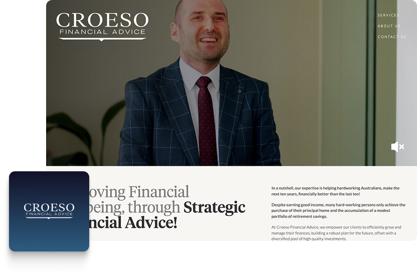 A professional website for Croeso Financial Advice, with expert web design featuring a smiling man in a suit and tie, company logo, navigation links, and a section about strategic financial advice plus an inspiring Financial Quotation.