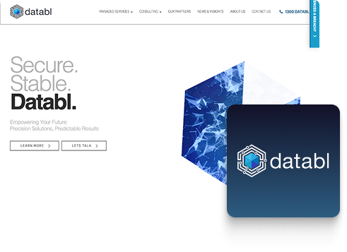 A website homepage for databl features the tagline “Secure. Stable. Databl.” with a geometric blue design and the company logo. Showcasing sleek web design, a contact button appears in the top right and a chat button is on the side.