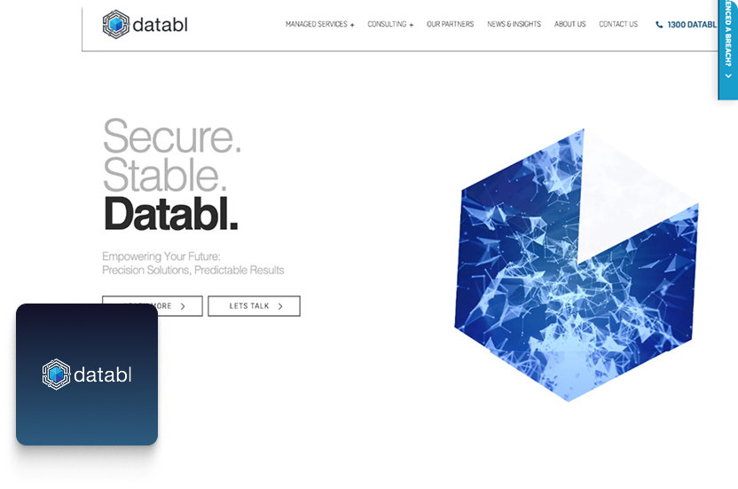 Website homepage for Databl featuring modern web design—a bold logo, navigation menu, tagline “Secure. Stable. Databl.”, blue fractured-glass hexagon graphic, and a “Let’s Talk” button—perfect for LinkedIn Outreach or connecting with clients.