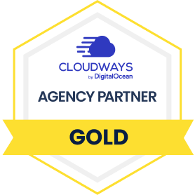 A hexagonal badge features the Cloudways by DigitalOcean logo, the text AGENCY PARTNER, and a yellow ribbon with GOLD written on it, highlighting Gold-level partnership for a top Web Designer Perth.