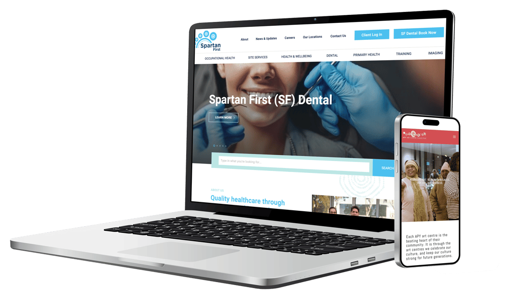 A laptop displays a dental clinic website with a child patient and dentist, while a mobile nearby features a healthcare worker on another site—both devices highlight Indigenous-Owned Businesses against a white background.