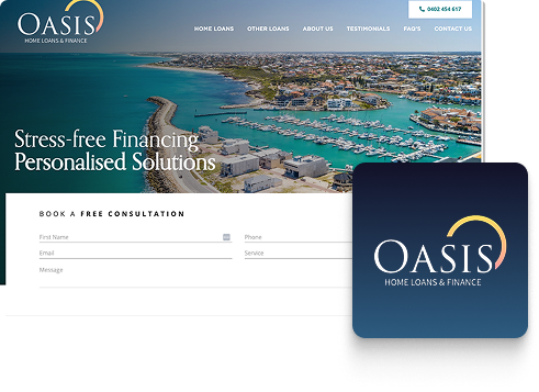 A website screenshot for Oasis Home Loans & Finance features a coastal town aerial view, navigation menu, Finance Quote consultation form, and the Oasis logo with a yellow arc and blue background, showcasing modern web design.