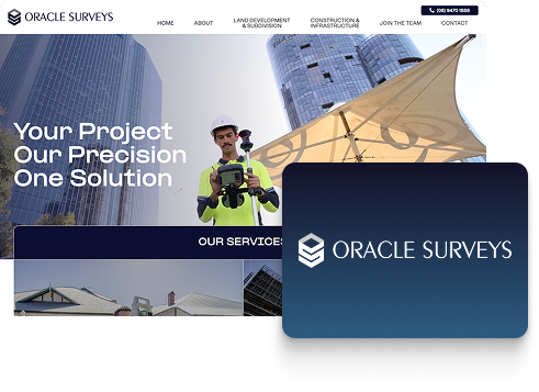 A website homepage for Oracle Surveys featuring a surveyor in safety gear holding equipment, with modern office buildings in the background. Showcasing expertise in photography and surveying. The text reads, Your Project Our Precision One Solution.