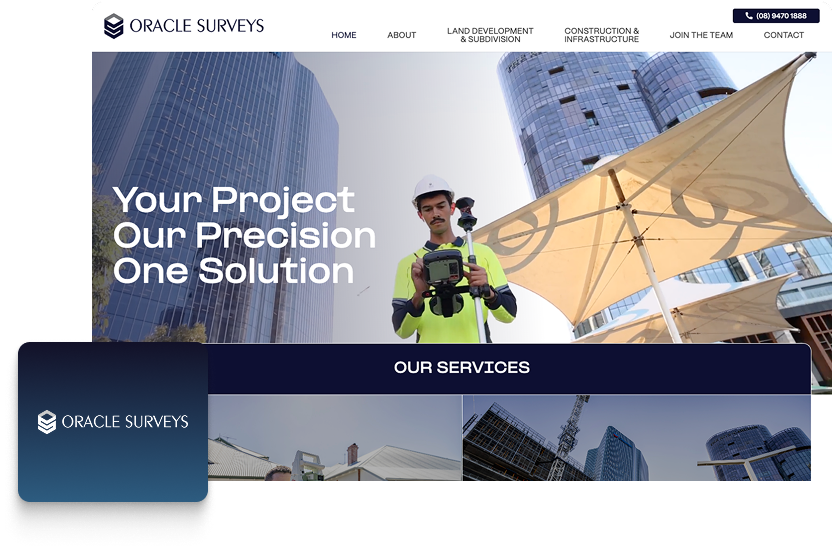 A website homepage for Oracle Surveys featuring a surveyor in a helmet using equipment, modern glass buildings, and navigation menu. Showcasing Web Design and Photography, with the text: Your Project, Our Precision, One Solution. Logo and services section visible.