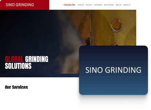 Screenshot of a website for SINO GRINDING. The page features the heading GLOBAL GRINDING SOLUTIONS, with contact and menu links at the top, highlighting modern web design and a blue card overlay displaying SINO GRINDING in white text.